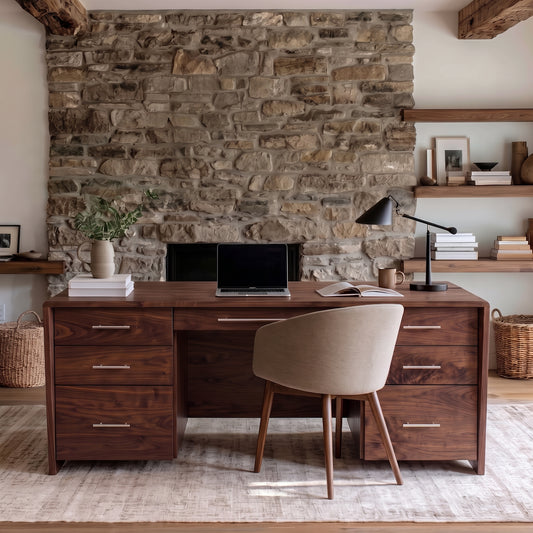 A dark walnut wood writing desk with six drawers and silver handles, styled with a beige upholstered chair, laptop, and lamp in front of a rustic stone wall.