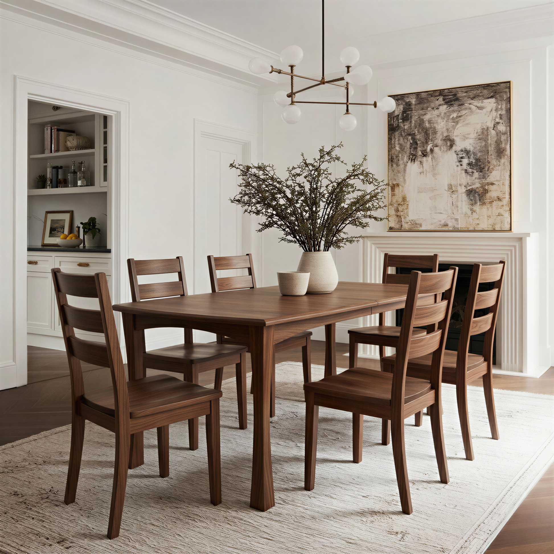 Dining room with wooden table and chairs in a well-lit room. Solid hardwood walnut usa handcrafted custom extendable american made.