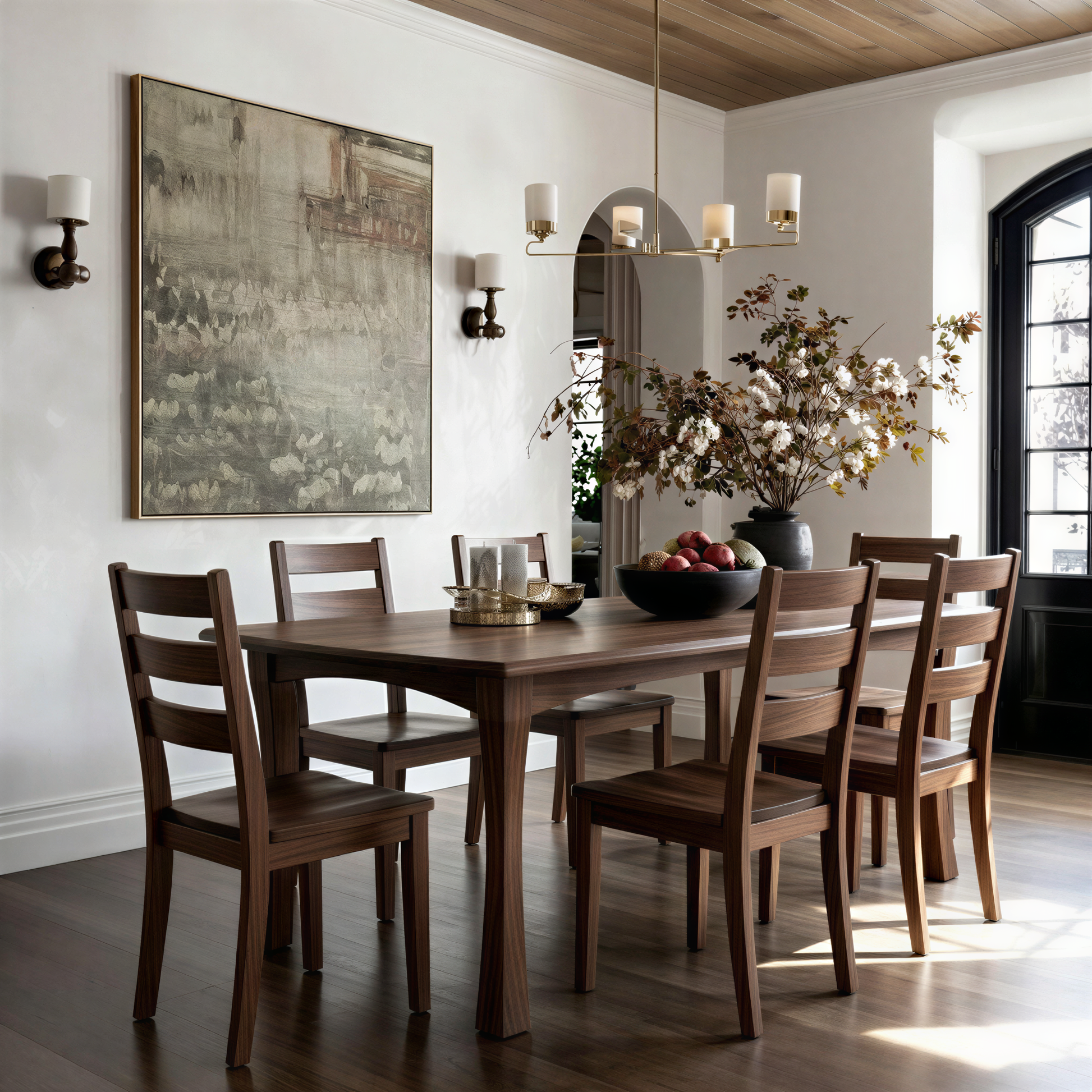 Dining room with wooden table and chairs, wall art, and decorative elements. Solid hardwood walnut usa handcrafted custom extendable american made.