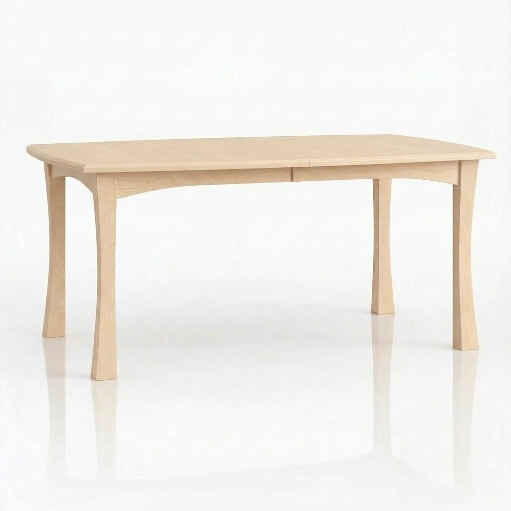 The Norwood Dining Table, handcrafted in the USA, features a rectangular solid wood top set on four gently curved legs. Shown against a white background, this table showcases a smooth, plain surface and a simple, modern design.