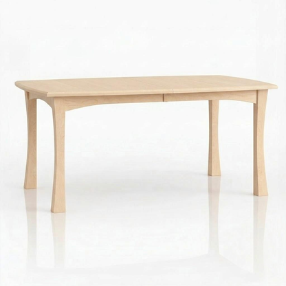 The Norwood Dining Table, handcrafted in the USA, features a rectangular solid wood top set on four gently curved legs. Shown against a white background, this table showcases a smooth, plain surface and a simple, modern design.