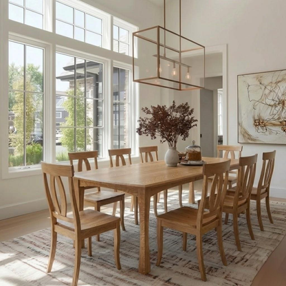 Dining room with wooden table and chairs near large windows