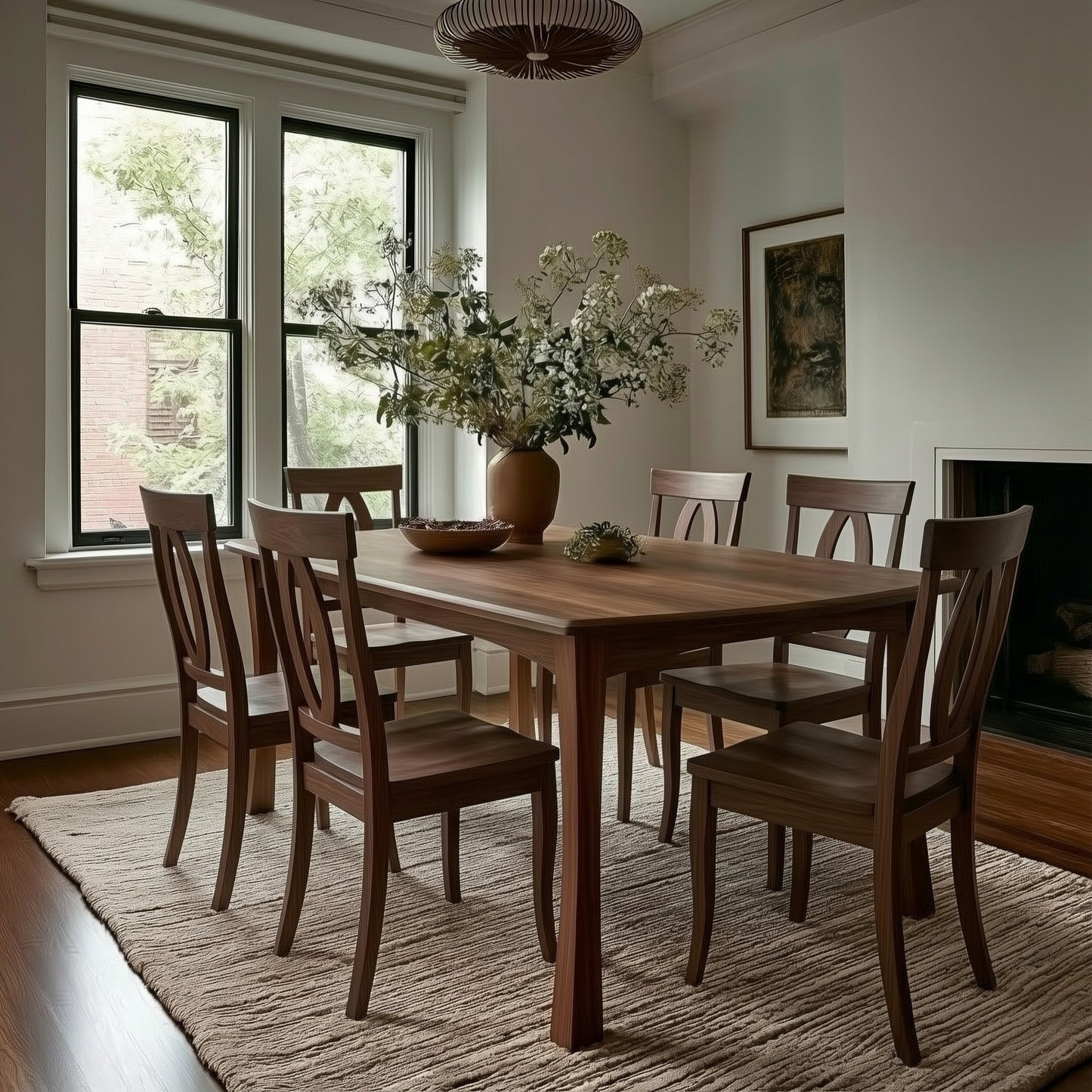 Dining room with wooden table and chairs, vase of flowers, and fireplace. Norwood table with Sutton chairs. Jute rug.