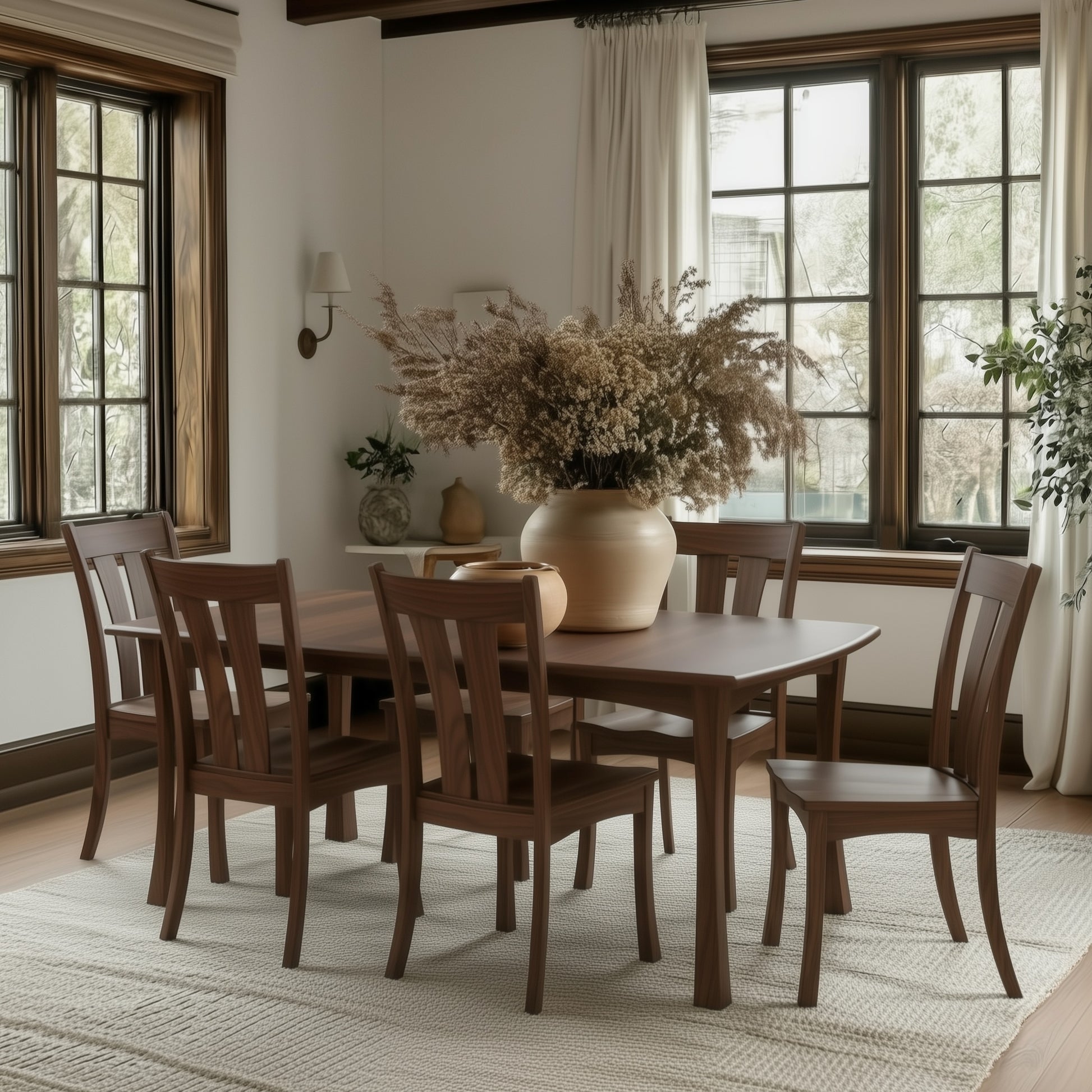 The Norwood Dining Table, handcrafted in the USA from solid walnut with extension leaves and six matching chairs, stands on a light rug. A beige vase with dried flowers sits at the center as sunlight filters through white curtains.