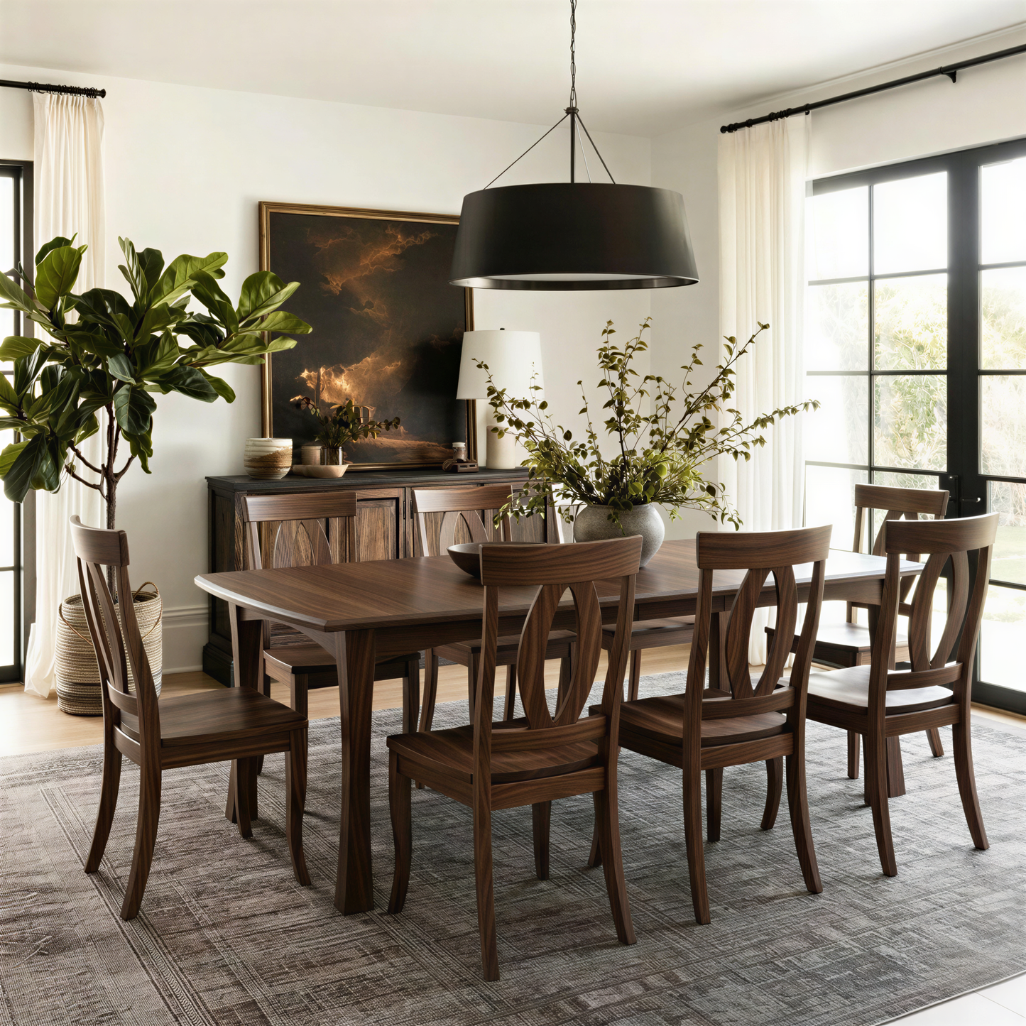 Dining room with wooden solid hardwood walnut handcrafted usa made table and chairs large window, and decorative elements.