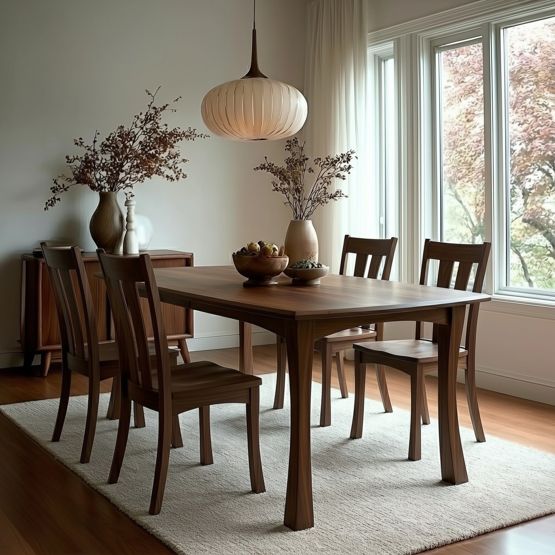 Solid walnut handcrafted custom norwood dining table with walnut chairs. White Rug, big window, white alls.