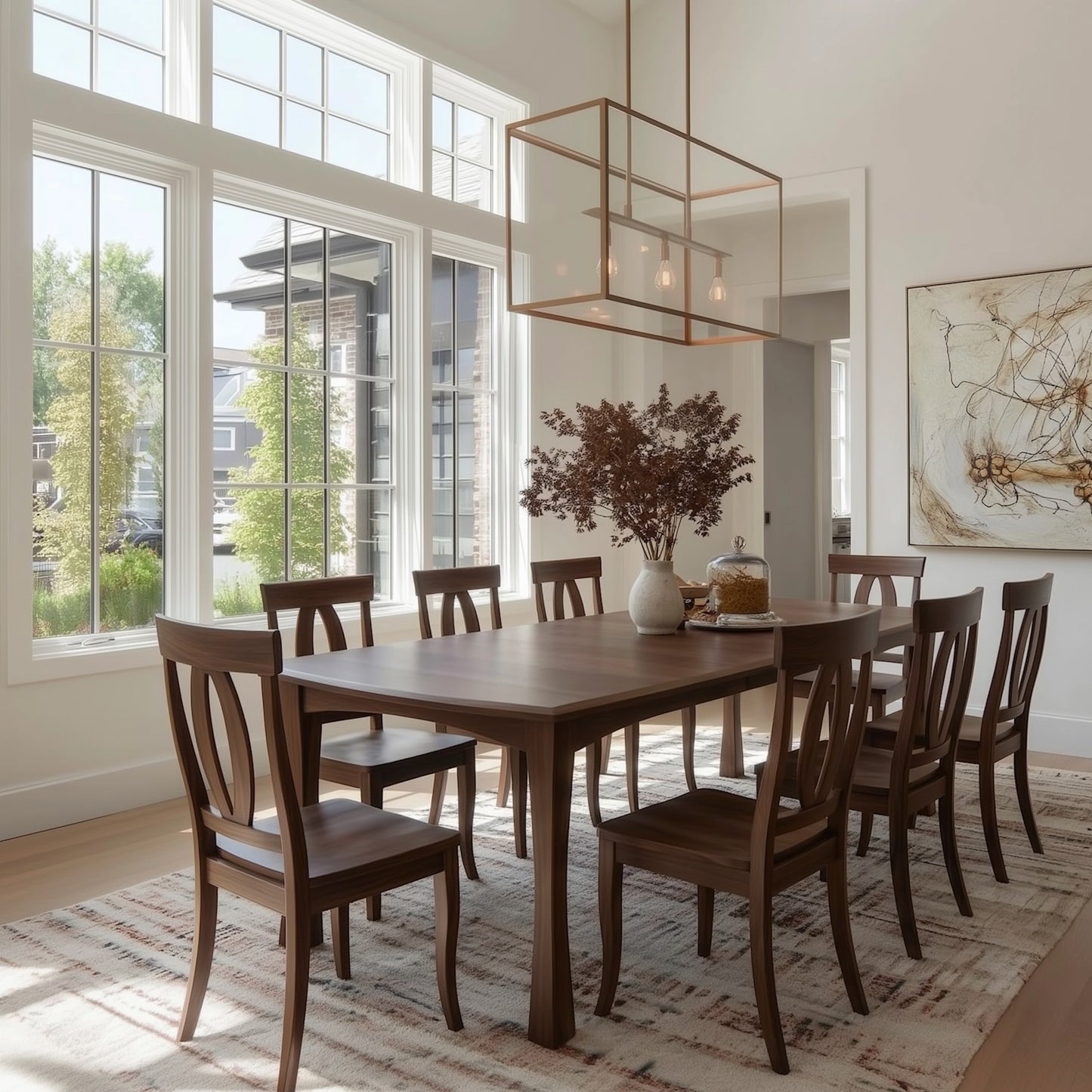 handcrafted walnut custom american made Dining table and chairs near large windows, modern art, gold light fixture