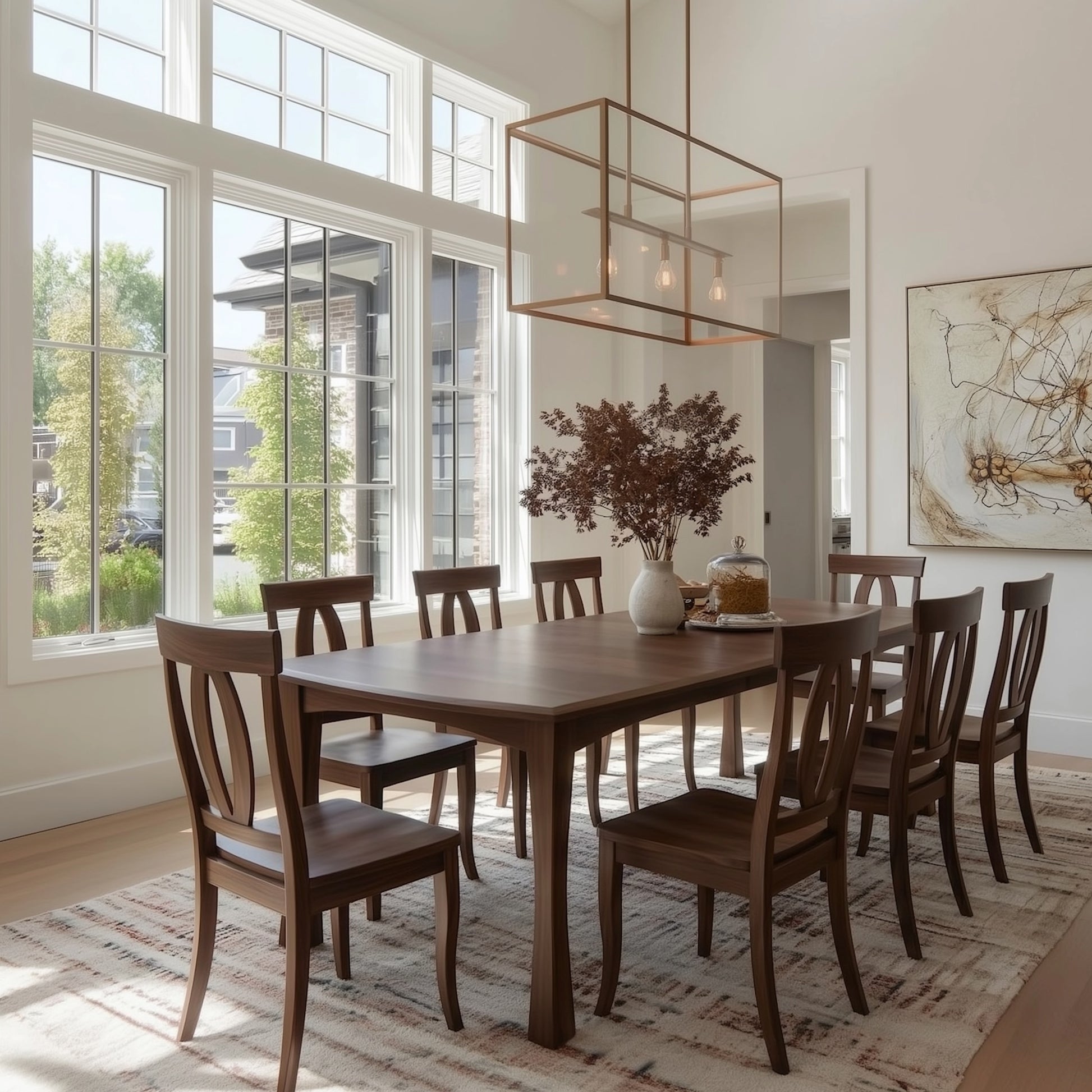 handcrafted walnut custom american made Dining table and chairs near large windows, modern art, gold light fixture