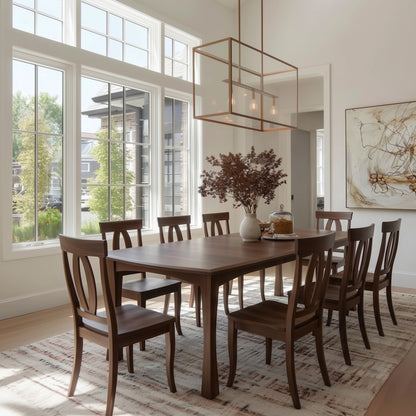 handcrafted walnut custom american made Dining table and chairs near large windows, modern art, gold light fixture