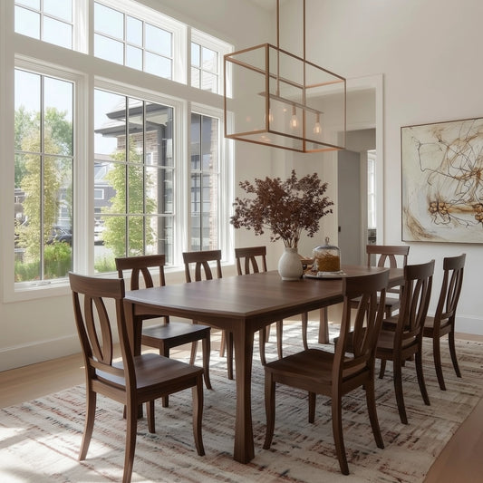 handcrafted walnut custom american made Dining table and chairs near large windows, modern art, gold light fixture