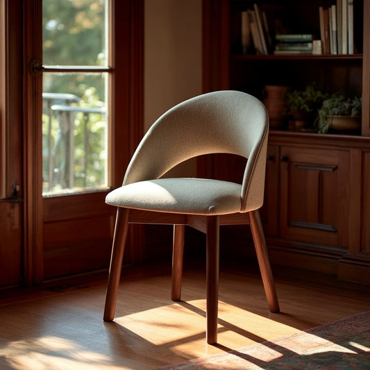 The Oakes Chair, a modern handcrafted seat with solid walnut legs, sits in sunlight by a window next to a wooden bookshelf filled with books and potted plants in a cozy room.