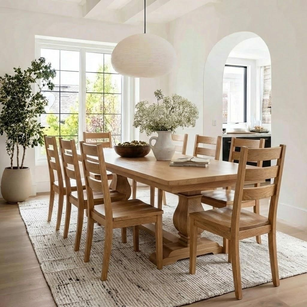 Dining room with wooden table and chairs in a bright, modern home.