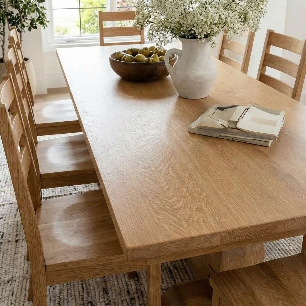 Wooden dining table with chairs and decorative items in a bright room.