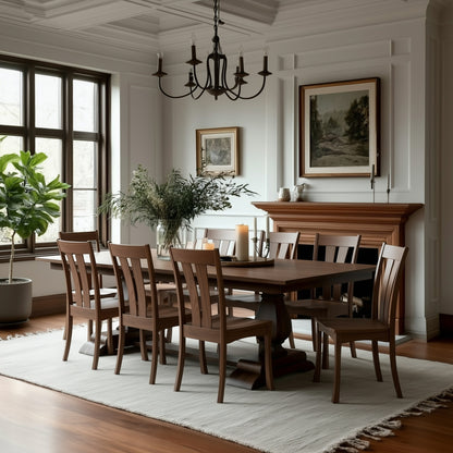 A dining room with The Olivia Dining Table (Hold release) featuring extension leaves and eight chairs, a chandelier above, white rug, green plant, candles, and framed art on the wall. Sunlight streams through large windows for a cozy feel.