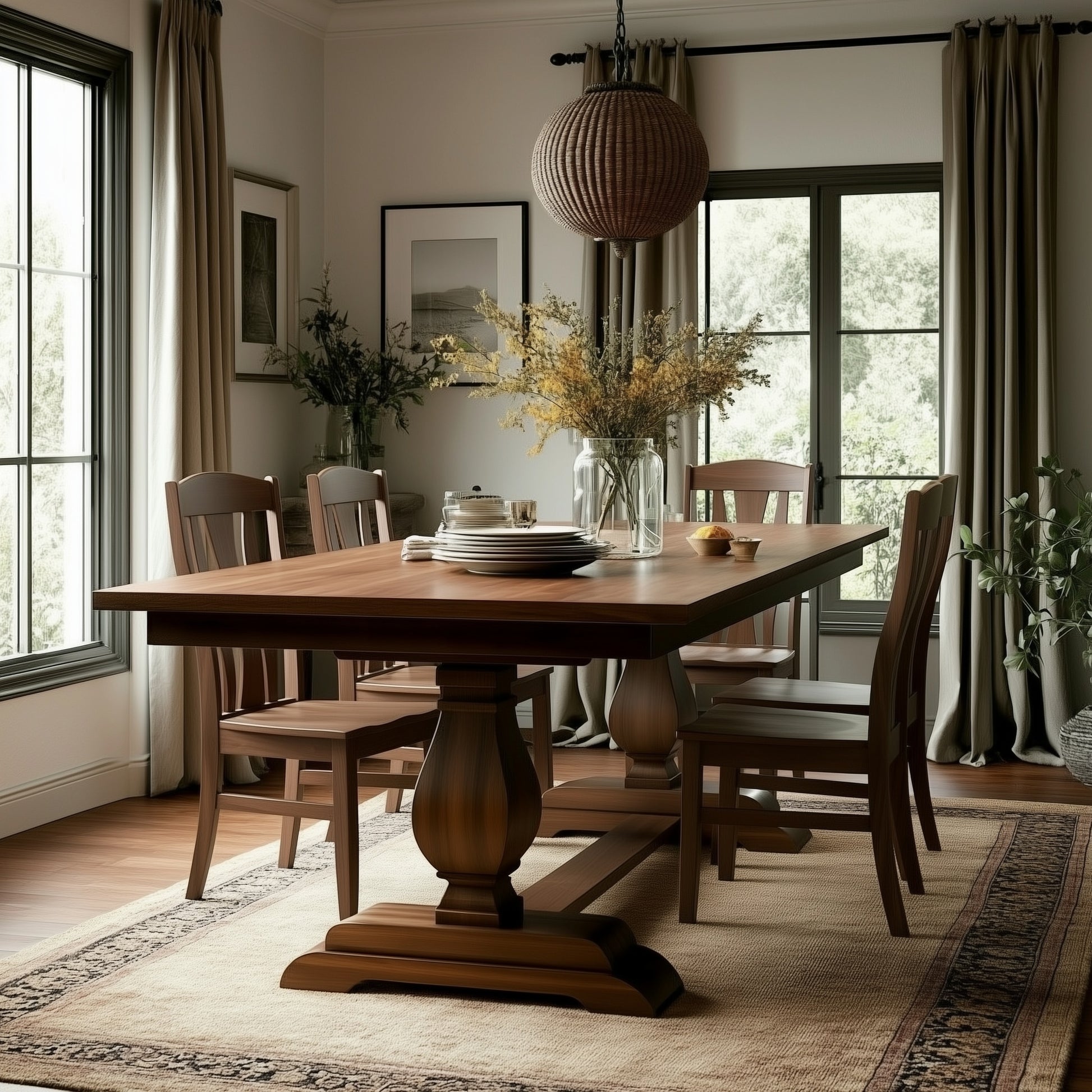 A dining room featuring The Olivia Dining Table (Hold release) with six chairs, a dried flower vase centerpiece, large windows draped in beige curtains, framed art on the walls, and soft natural light creating a cozy atmosphere.