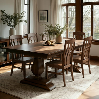 A dining room featuring The Olivia Dining Table, handcrafted in solid walnut in the USA, with six matching chairs, a light rug, and vases of greenery. Sunlight pours through large windows, illuminating the cozy and elegant space.