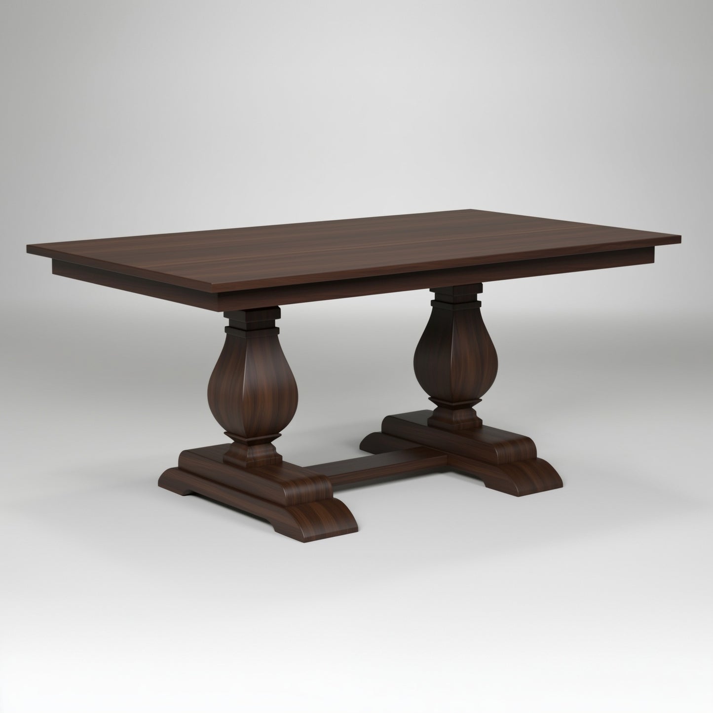 The Olivia Dining Table (Hold release) is a handcrafted solid walnut dining table featuring a rectangular top and two ornate pedestal legs with wide, carved bases. Made in the USA, it stands out against a plain light background.