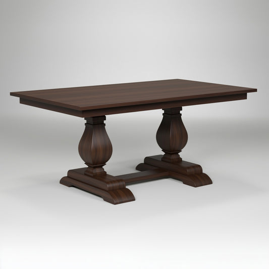 The Olivia Dining Table (Hold release) is a handcrafted solid walnut dining table featuring a rectangular top and two ornate pedestal legs with wide, carved bases. Made in the USA, it stands out against a plain light background.