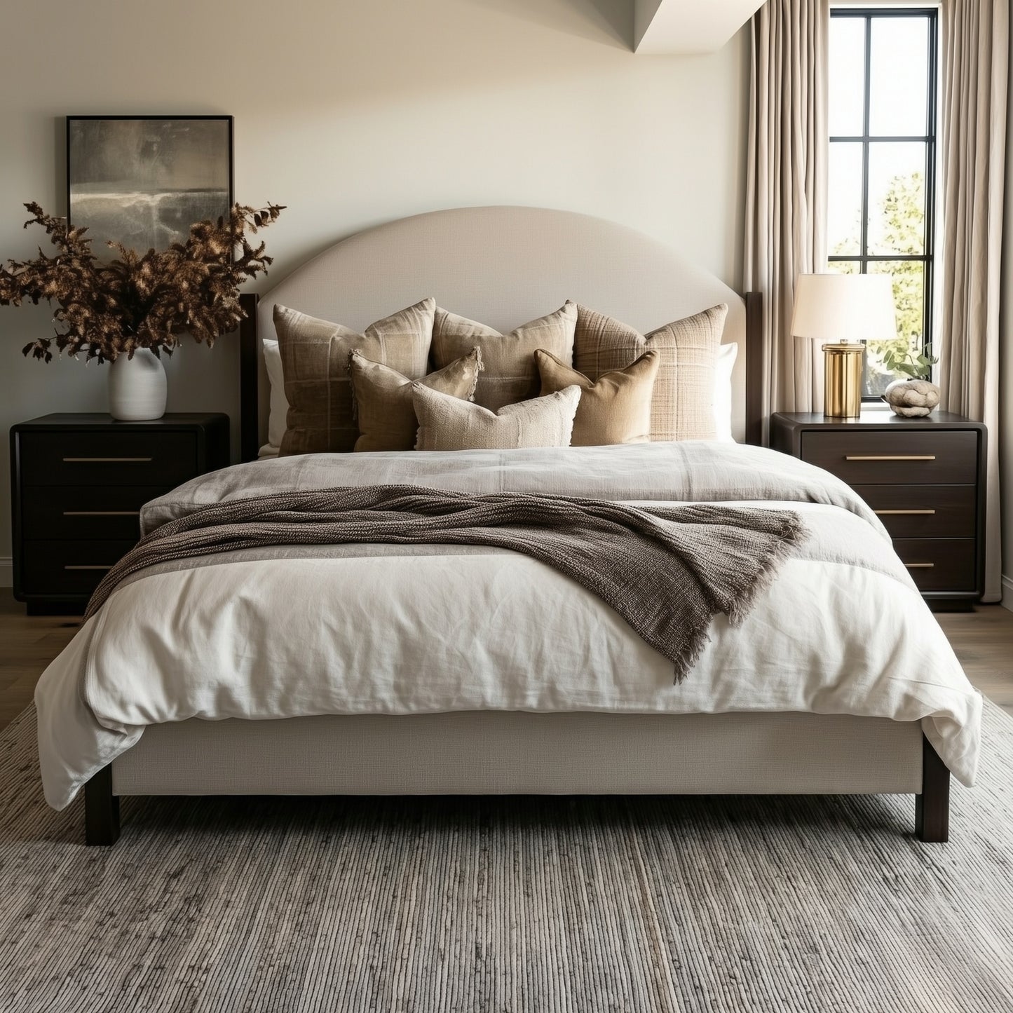 Neatly made bed with decorative pillows and a blanket in a bedroom setting. The bed and nightstands are handcrafted from solid maple with an onyx black stain, off-white upholstery. Organic modern bedroom. 3 drawer nightstands and matching bed.