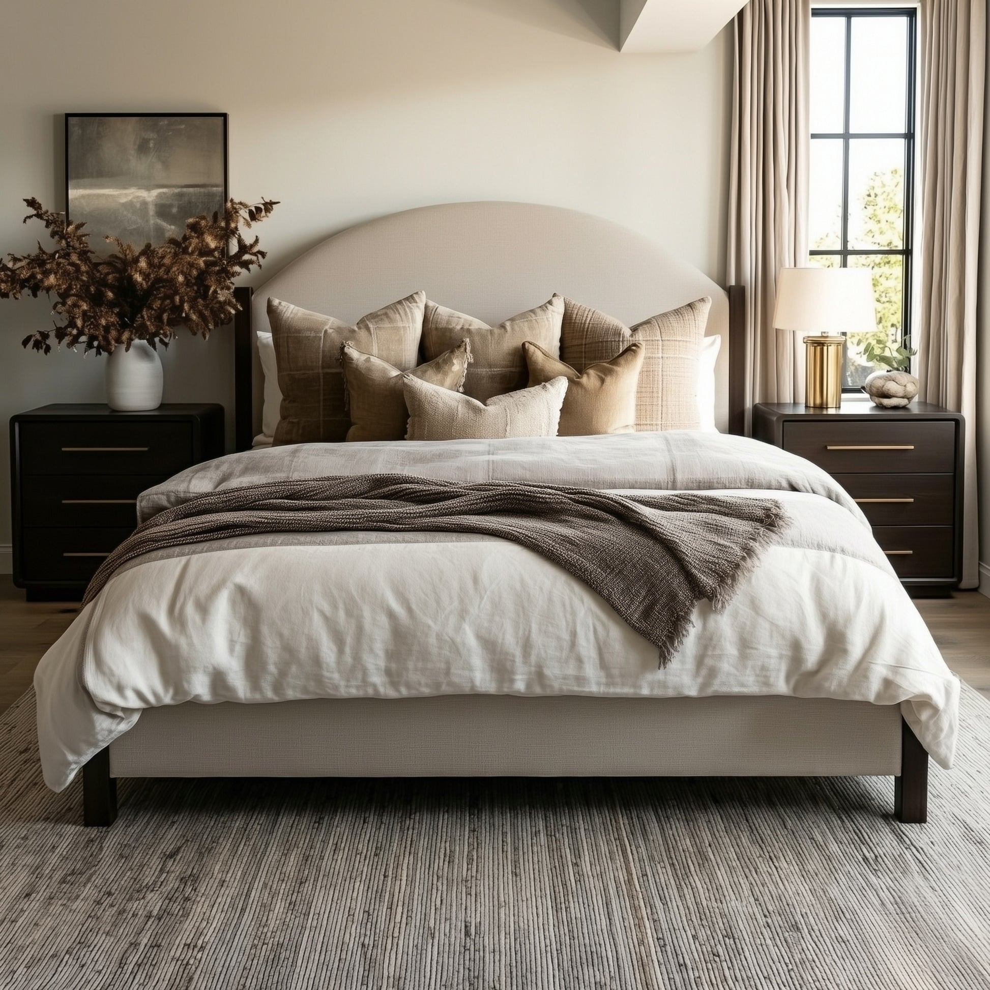 Neatly made bed with decorative pillows and a blanket in a bedroom setting. The bed and nightstands are handcrafted from solid maple with an onyx black stain, off-white upholstery. Organic modern bedroom. 3 drawer nightstands and matching bed.
