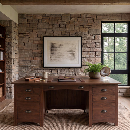 The Owen Hardwood Desk, a solid hardwood executive desk with six drawers and a leather writing pad, positioned against a stone wall.