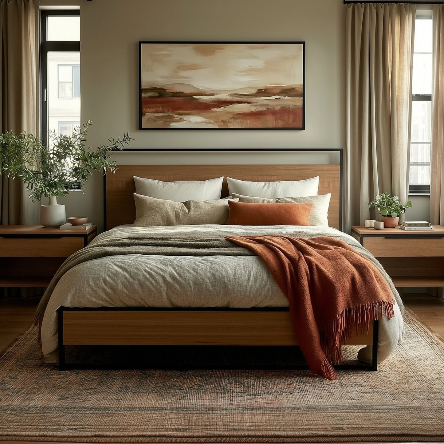 handcrafted maple bed and nightstand custom high end in stunning room.