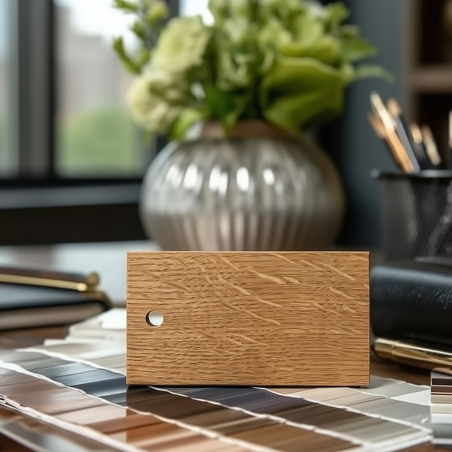 A natural quarter-sawn white oak wood swatch sample on an interior designers desk