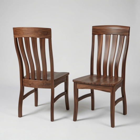 two walnut custom usa handcrafted dining chairs front and back on a white background