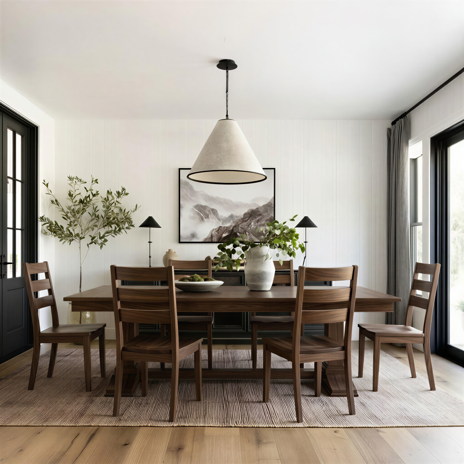 Dining room with wooden table and chairs, modern pendant light, and framed artwork on the wall. Solid handcrafted walnut table and chairs. USA made. extendable.