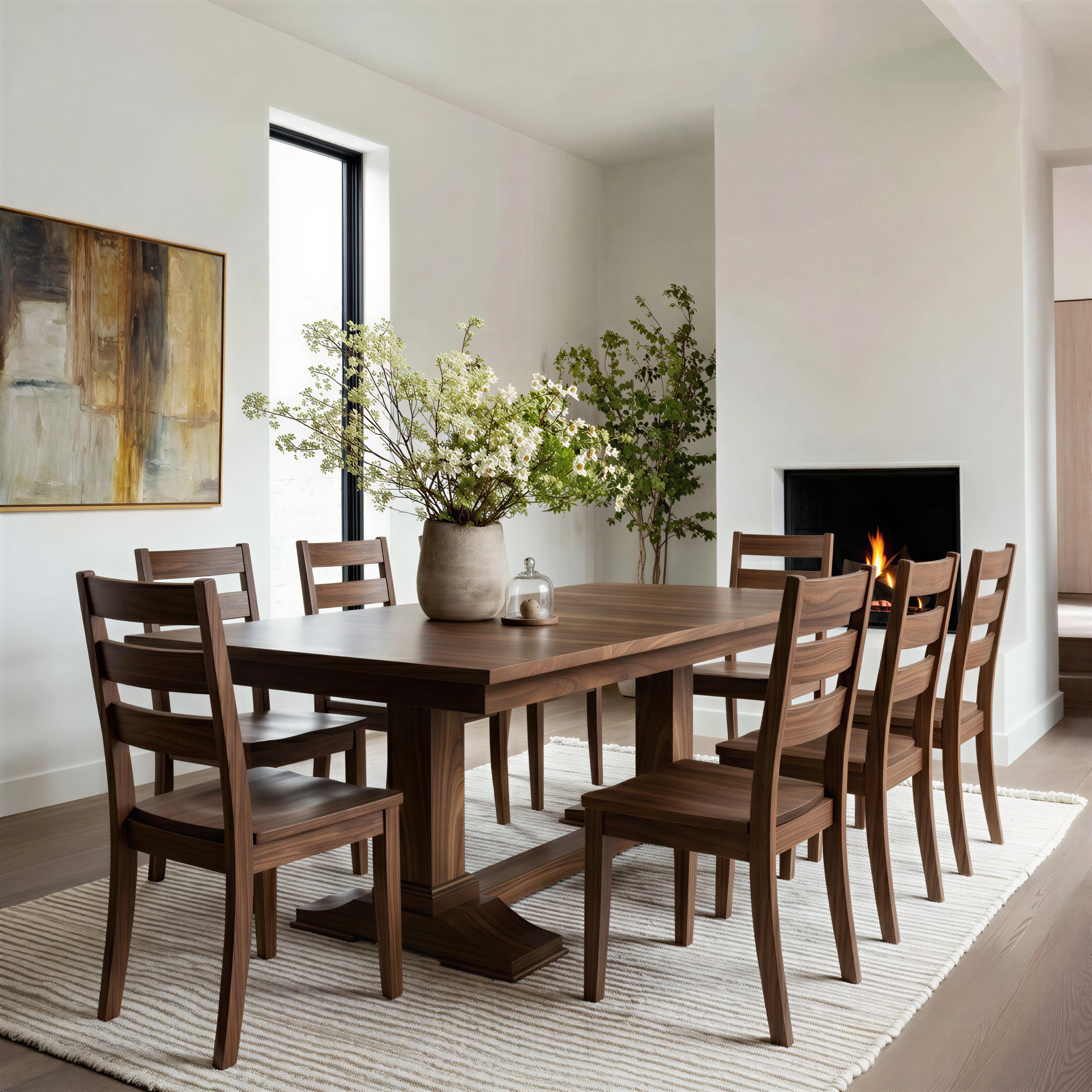 Dining room with wooden table and chairs, flowers in a vase, and a fireplace. Solid handcrafted walnut table and chairs. USA made. extendable.