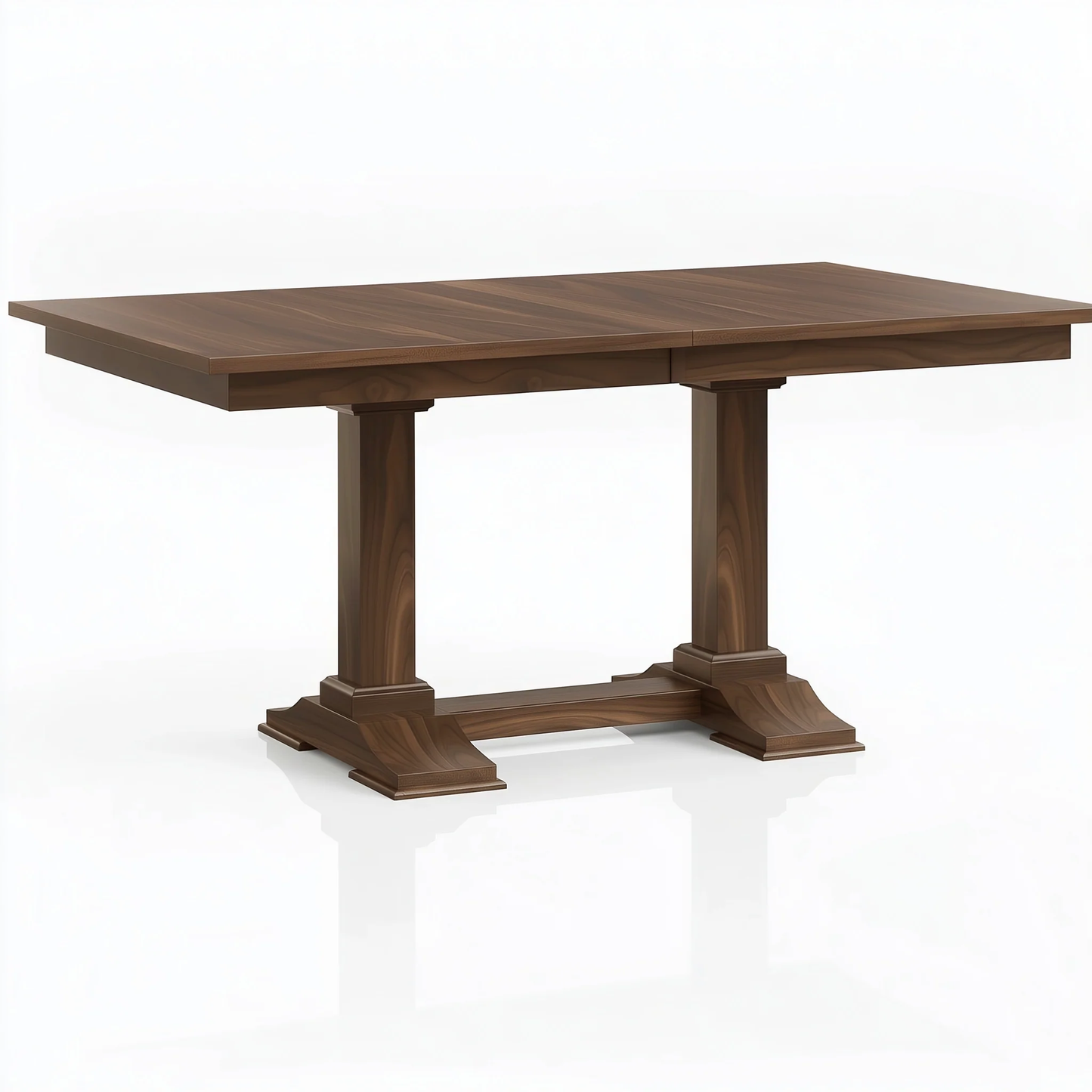 The Redmond Dining Table is a handcrafted rectangular walnut table with a dark finish, two pedestal legs joined by a base support, and classic design. Made in the USA, it’s shown on a white background.