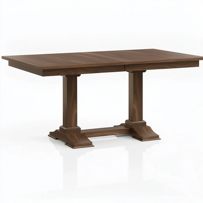 The Redmond Dining Table is a handcrafted rectangular walnut table with a dark finish, two pedestal legs joined by a base support, and classic design. Made in the USA, it’s shown on a white background.