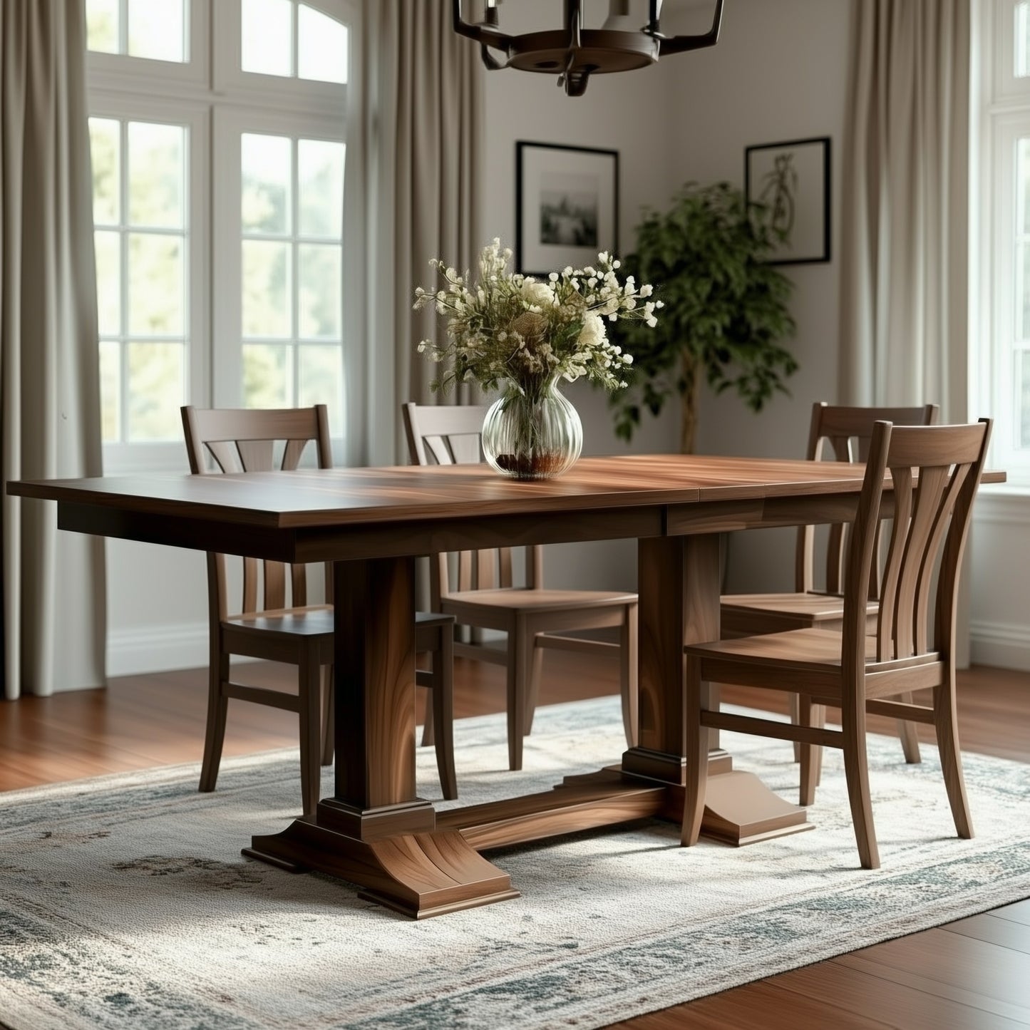 The Redmond Dining Table with four matching chairs stands on a patterned rug in a sunlit room. A glass vase with flowers is centered on the table. Large windows and framed pictures decorate the background. Handcrafted in the USA.