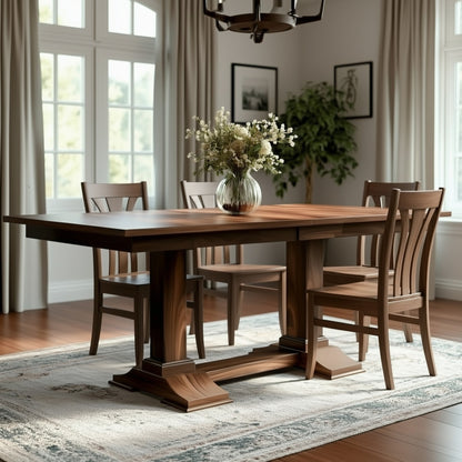 The Redmond Dining Table with four matching chairs stands on a patterned rug in a sunlit room. A glass vase with flowers is centered on the table. Large windows and framed pictures decorate the background. Handcrafted in the USA.