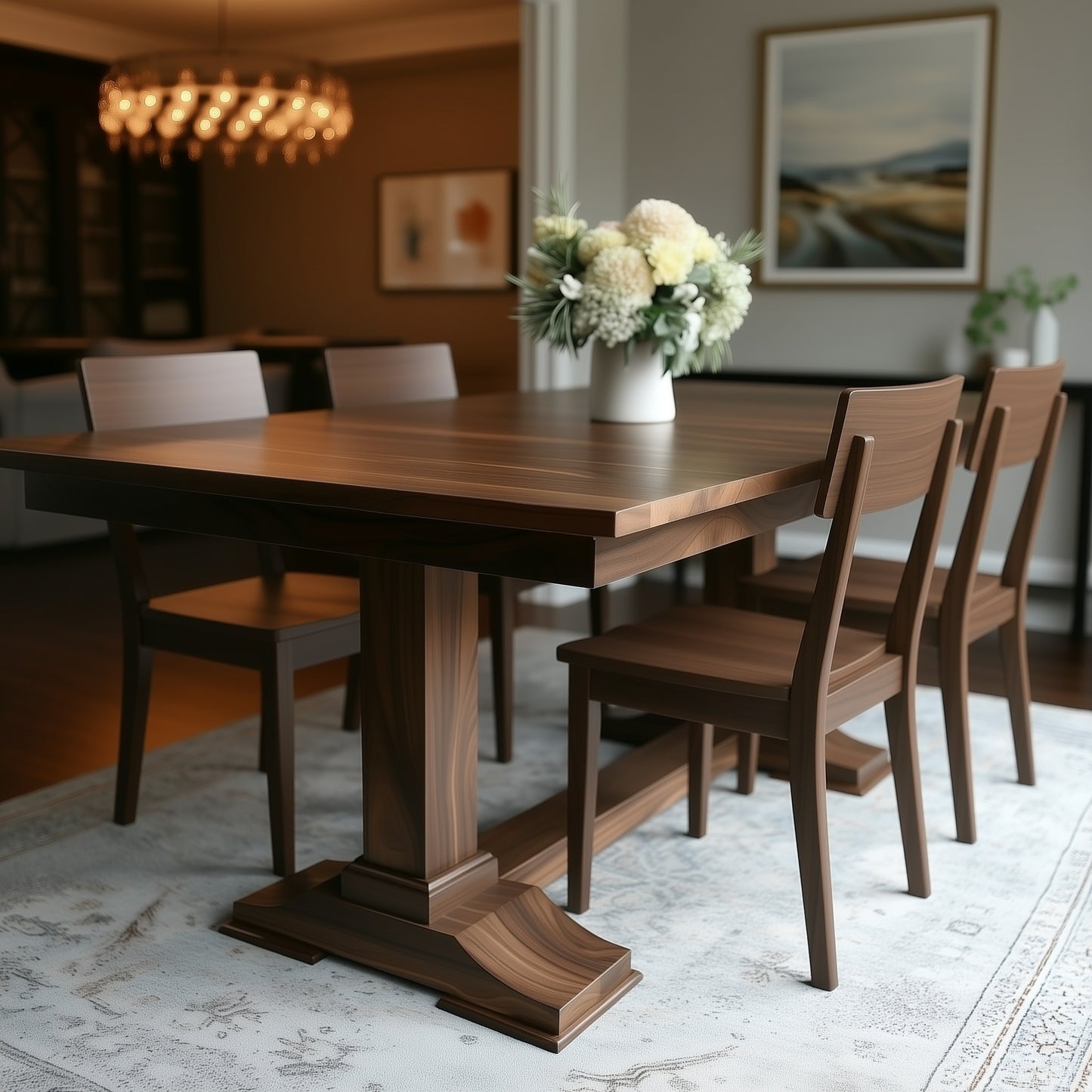 A modern dining room features The Redmond Dining Table, handcrafted in the USA from solid walnut, with six matching chairs, a light rug, white flowers as a centerpiece, framed wall art, and elegant soft lighting.