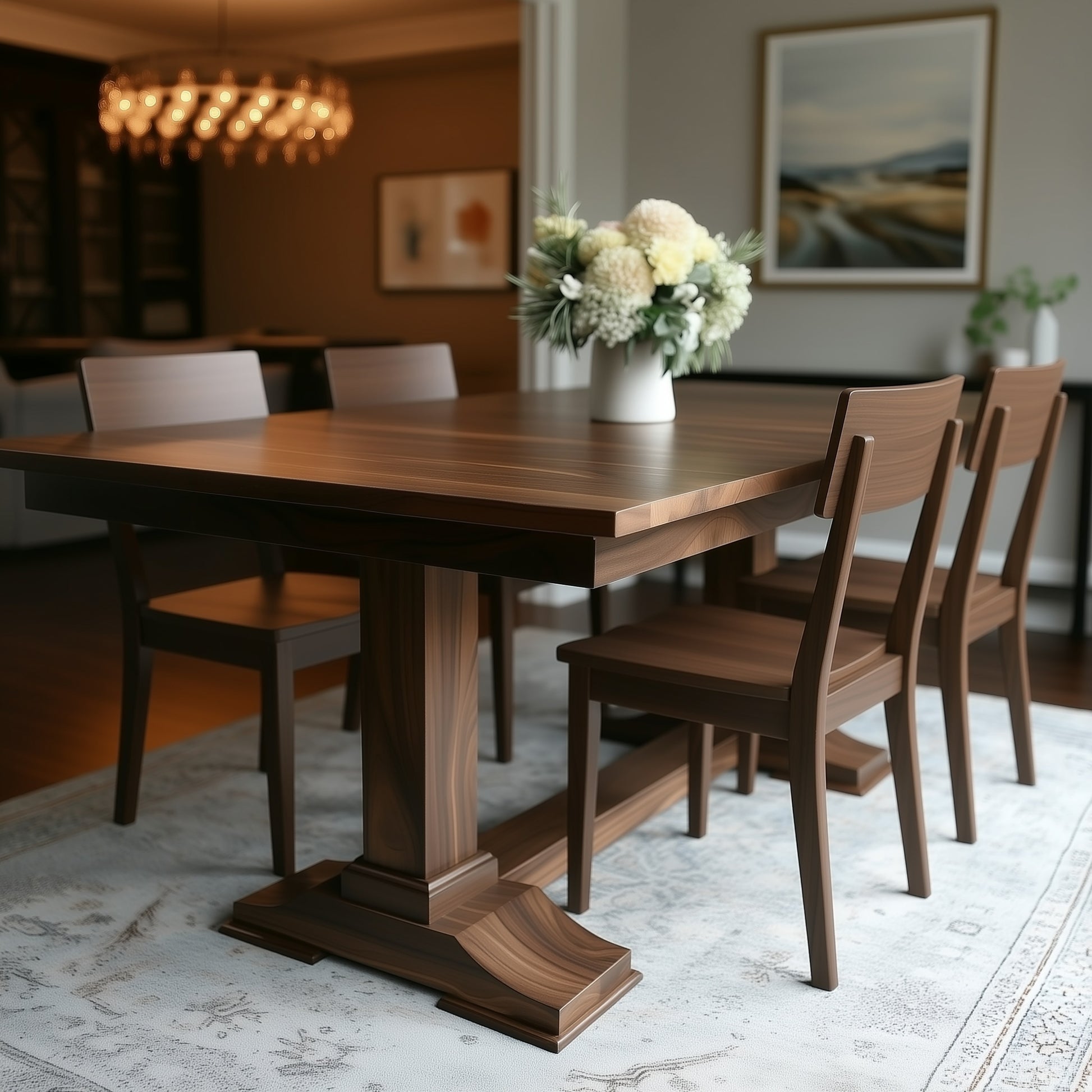 A modern dining room features The Redmond Dining Table, handcrafted in the USA from solid walnut, with six matching chairs, a light rug, white flowers as a centerpiece, framed wall art, and elegant soft lighting.