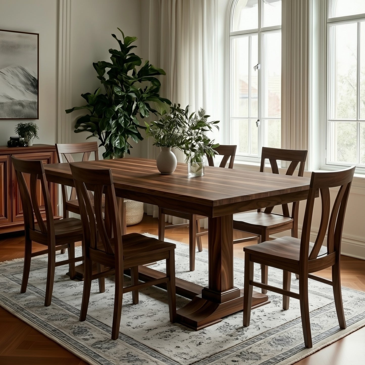 handcrafted usa made solid walnut dining room table in a well-lit room.