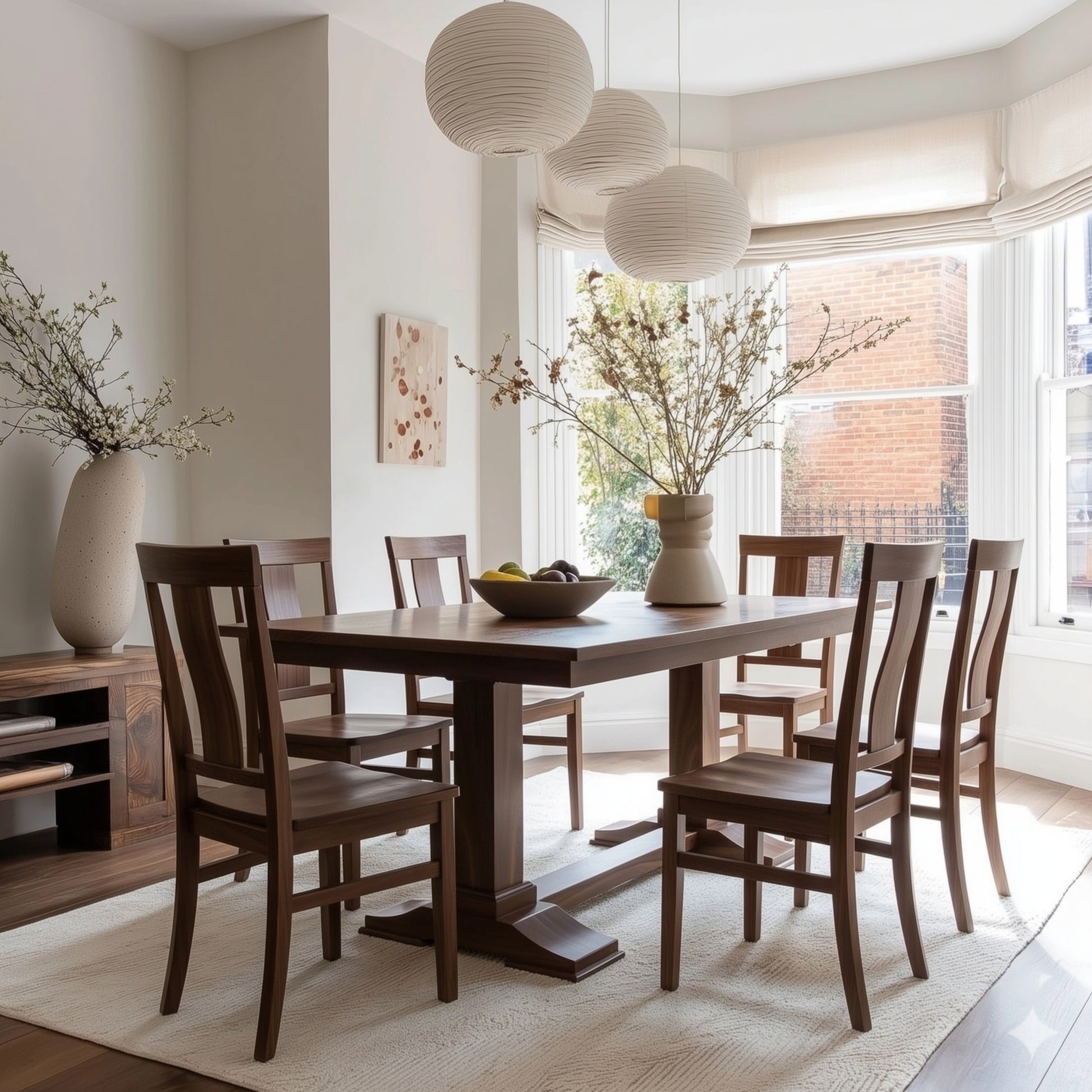 Solid walnut usa handcrafted custom dining table and chairs in a white dining with with bay window and white rug