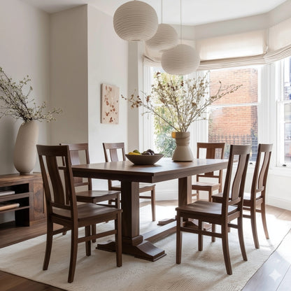 Solid walnut usa handcrafted custom dining table and chairs in a white dining with with bay window and white rug