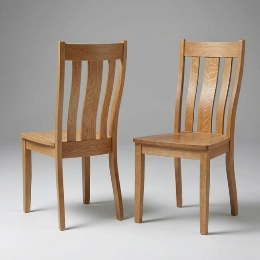 Two wooden slat back hardwood quarter-sawn white oak usa made American custom diing chairs on a gray background