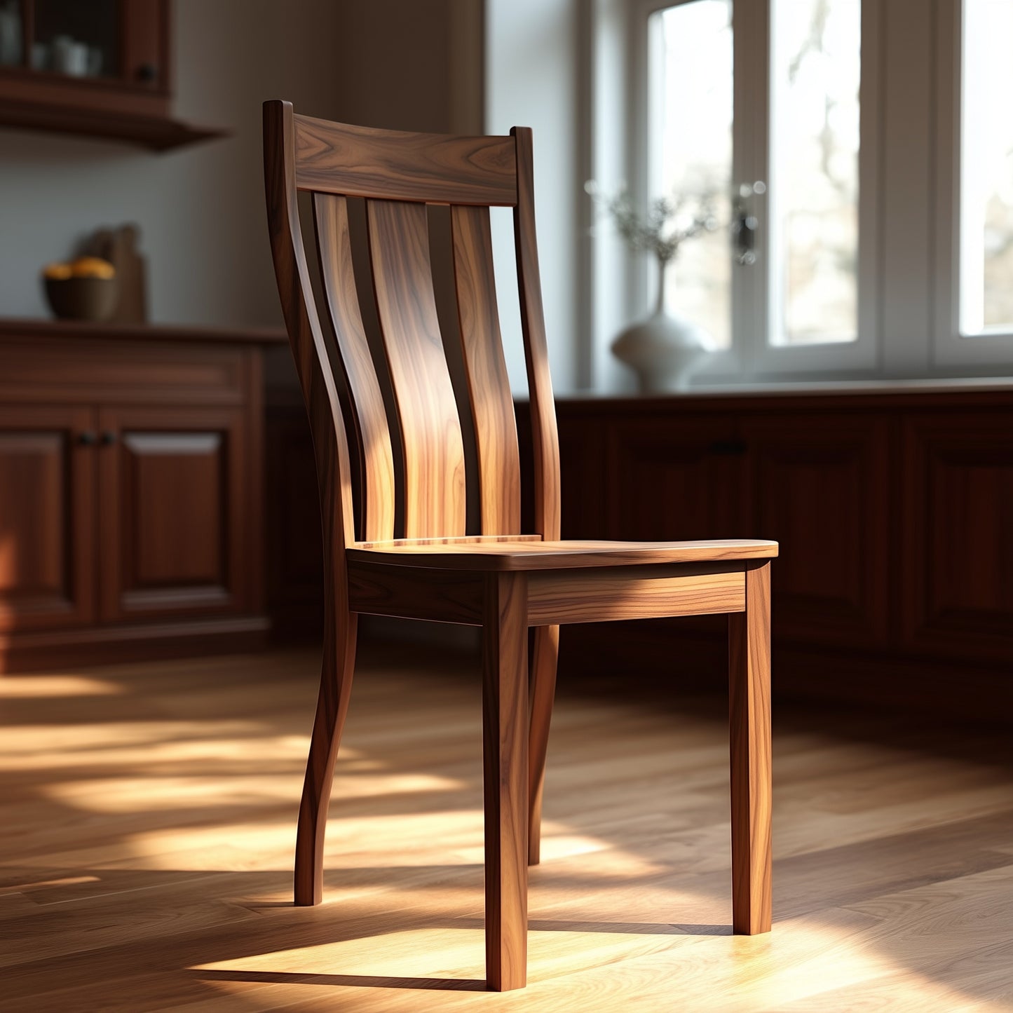 The Richmond Chair, a handcrafted solid walnut seat with a high, curved slatted backrest, sits on a sunlit wooden floor in a cozy room with large windows and wooden cabinets. Made in the USA.