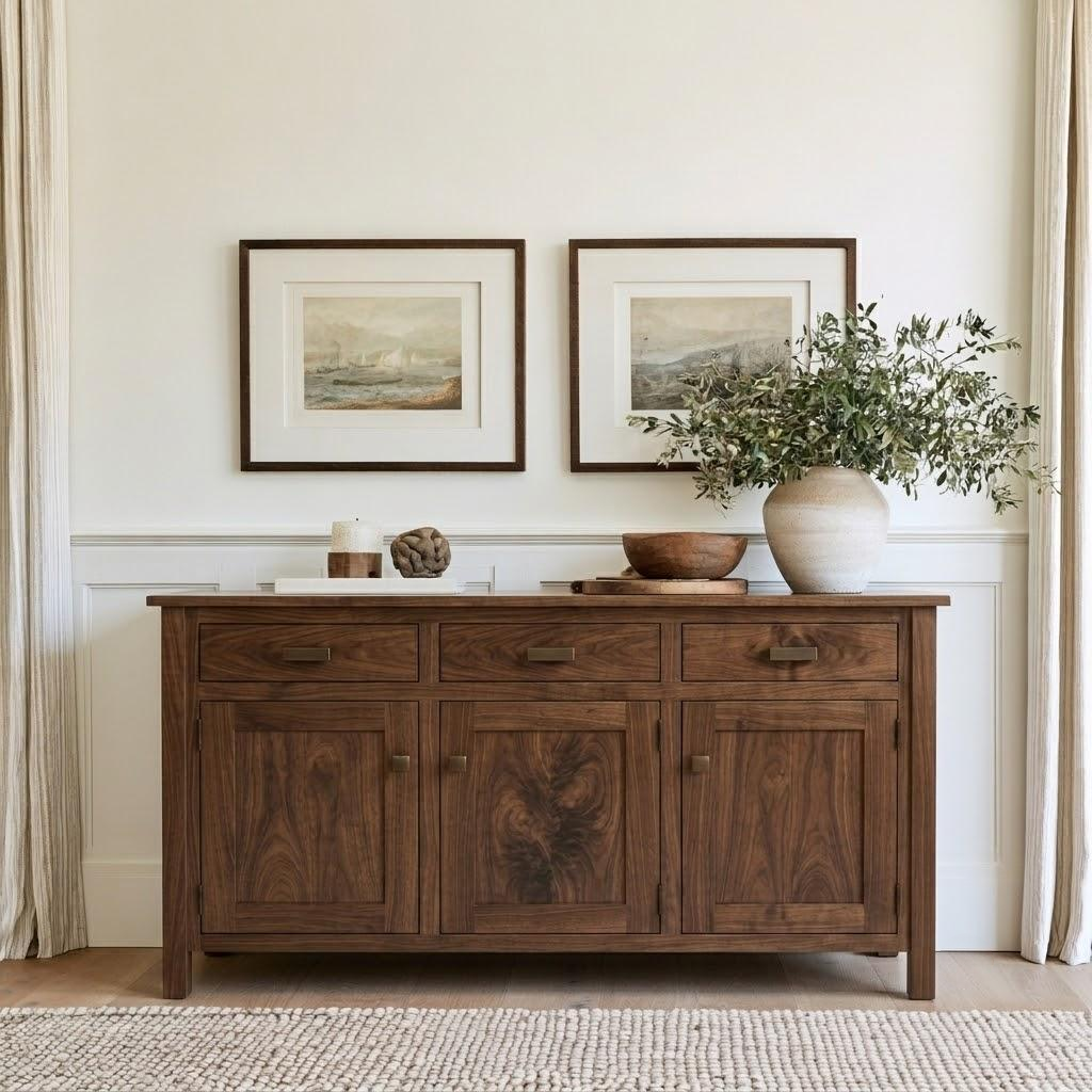 The Rylan Sideboard Table is a handcrafted hardwood sideboard with three drawers and three cabinets, featuring a durable top coat and topped with two framed prints, a bowl, and a vase with greenery.