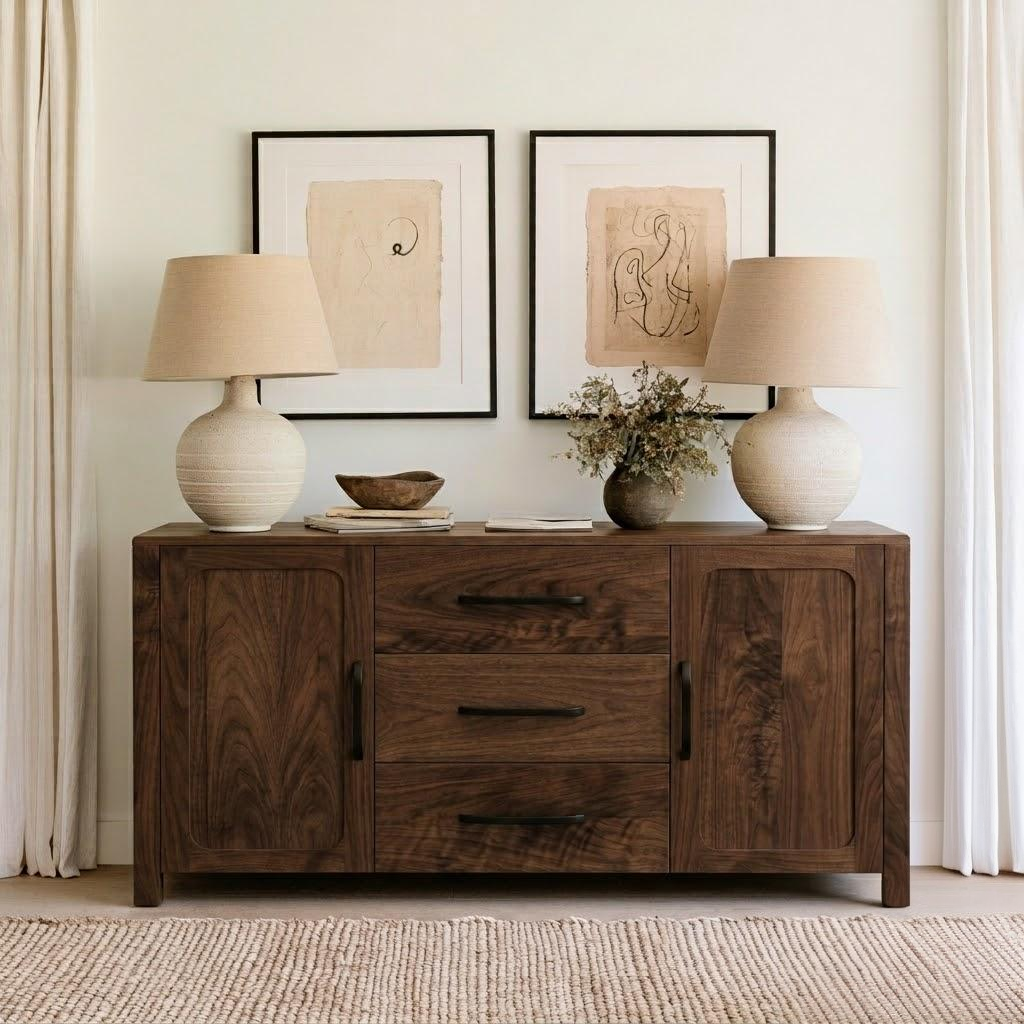 A dark brown wooden sideboard or credenza in a styled room setting, decorated with two matching table lamps, framed wall art, a small bowl, and a vase of dried flowers.