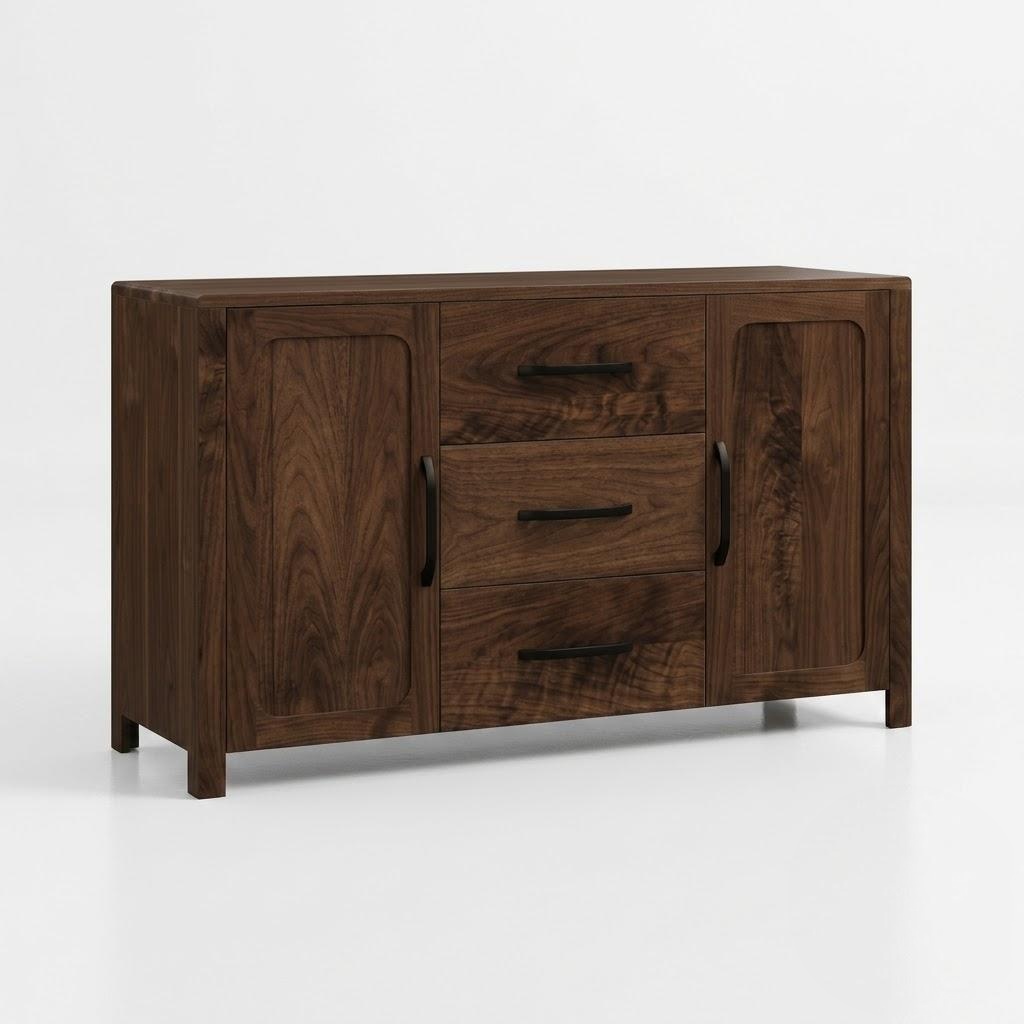 A dark brown wooden sideboard with three drawers on the left and two cabinet doors on the right, featuring dark metal bar handles, shown on a light gray background.