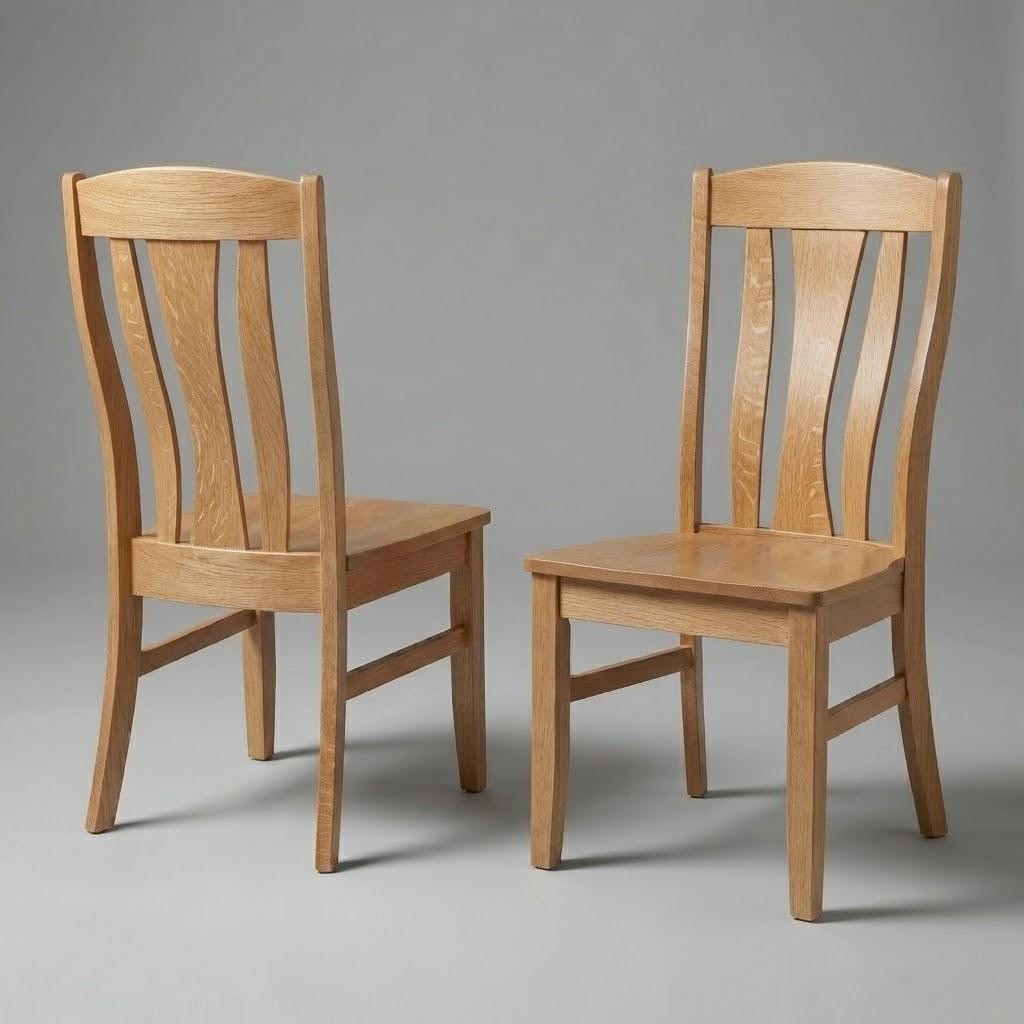 Two wooden quarter sawn white oak handcrafted usa made custom chairs on a gray background