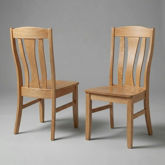 Two wooden quarter sawn white oak handcrafted usa made custom chairs on a gray background