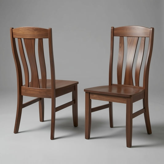 Two wooden walnut sophia handcrafted hardwood custom chairs on a gray background