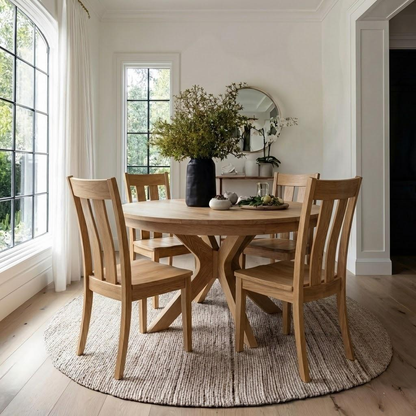 Dining room with wooden table and chairs, vase with flowers, and decorative items.