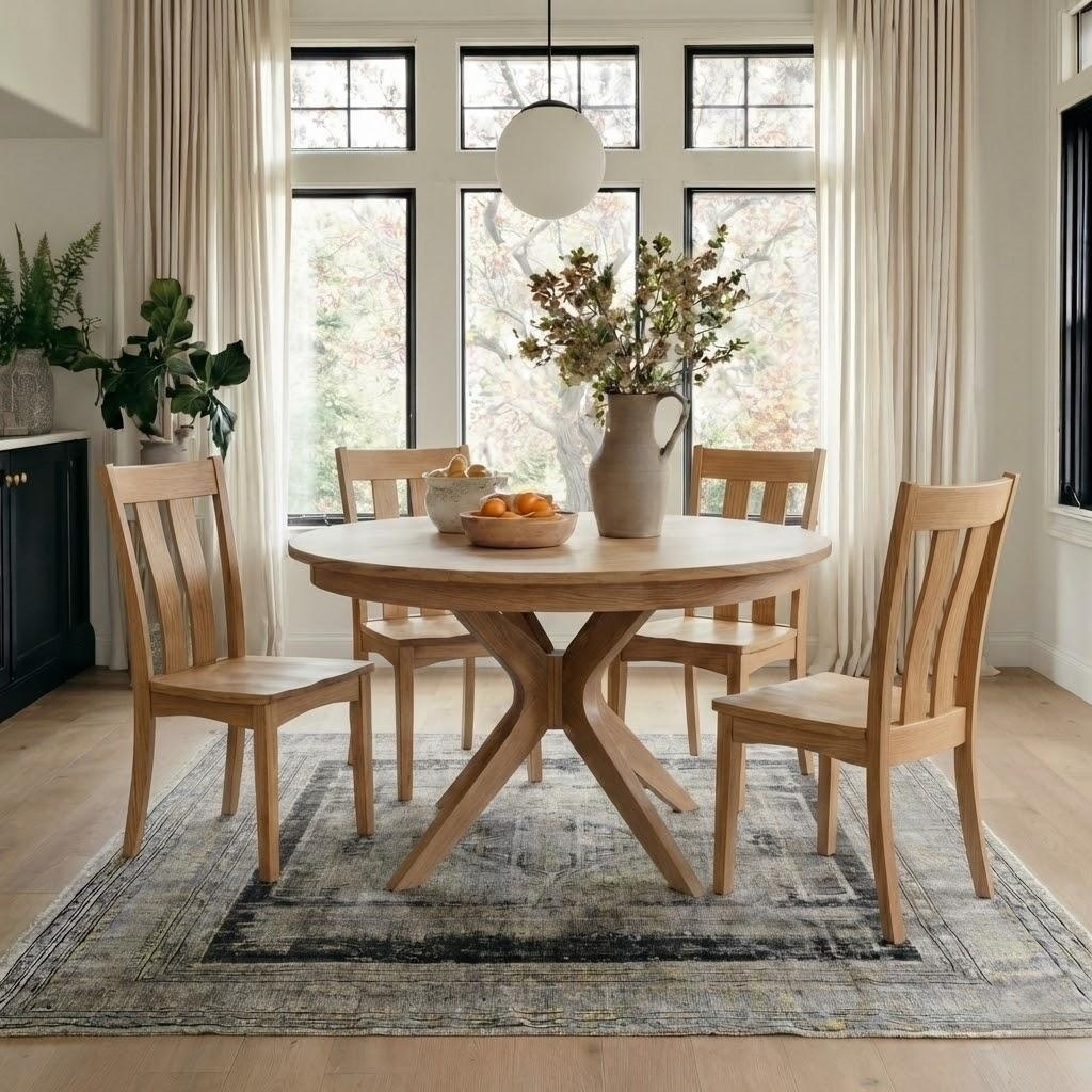 Dining room with wooden table and chairs in a well-lit room.