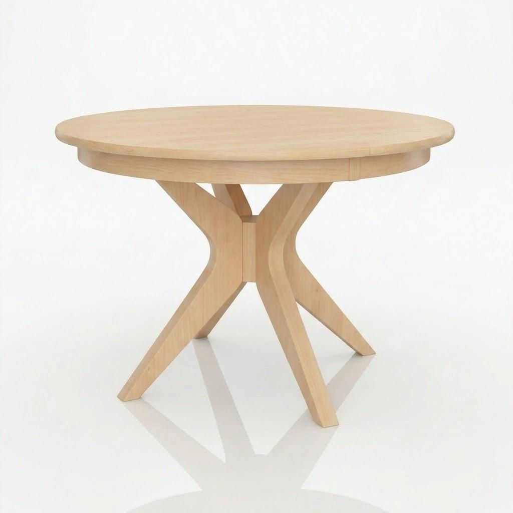 Introducing The Stafford Dining Table: a round, handcrafted solid wood table featuring a smooth top and four angled legs joined at the center. Expertly made by American craftsmen, this elegant piece is showcased against a crisp white background.
